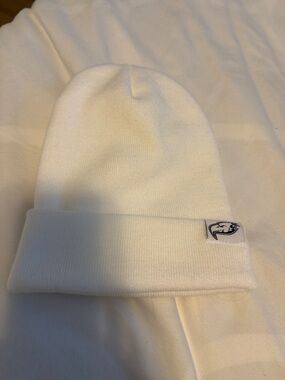 White Men's Ribbed Cuffed Beanie with Subtle Logo Patch